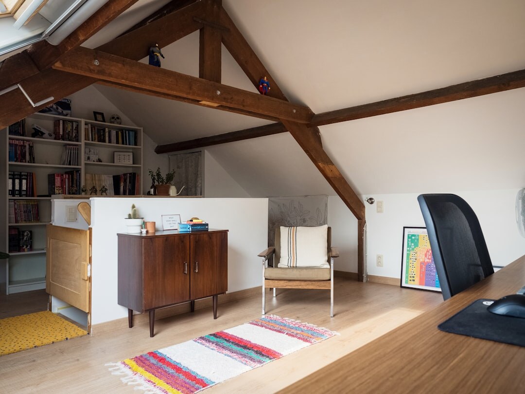 Vintage home library and office with wooden shelving